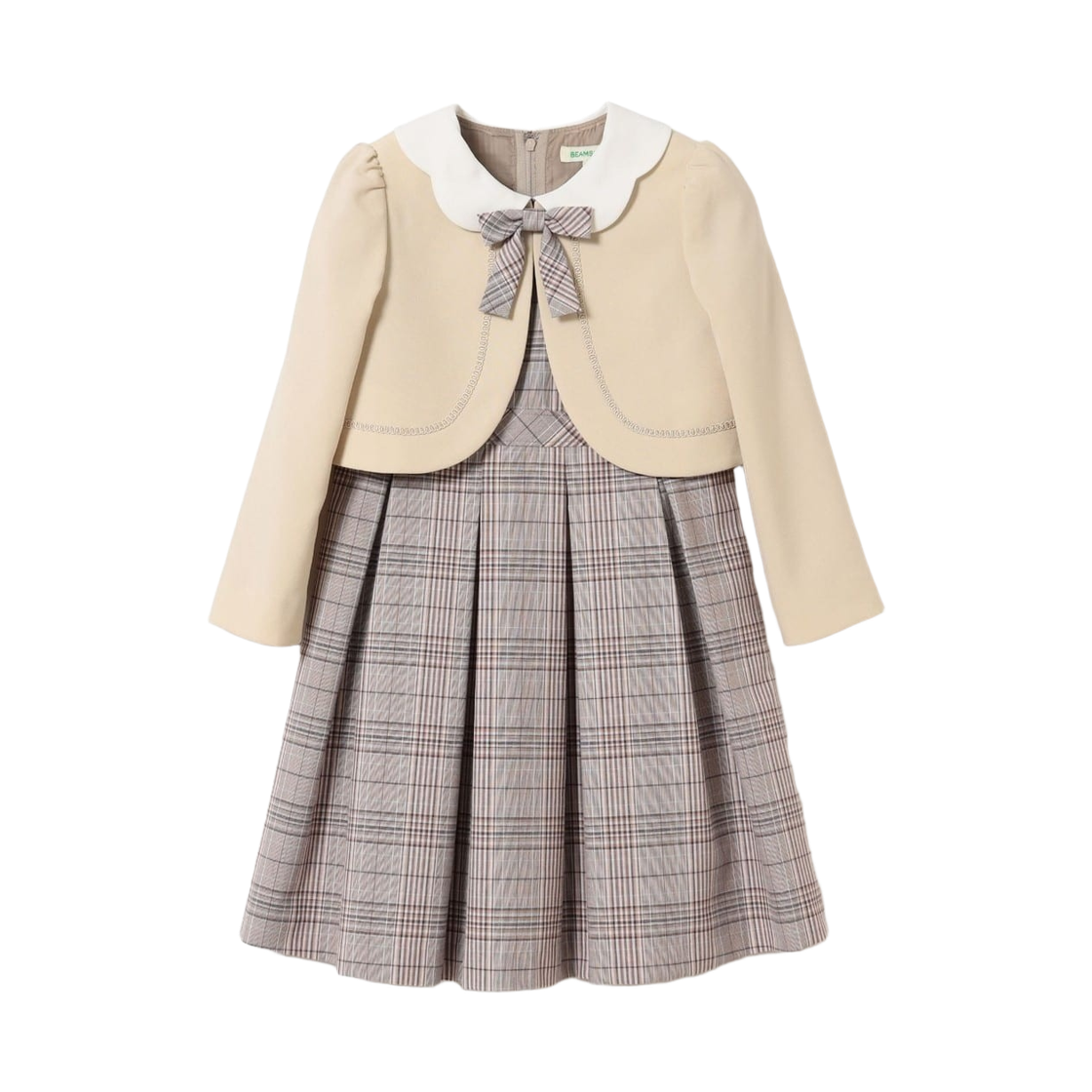 (키즈) 빔즈 미니 세레모니 드레스 볼레로 세트 아이보리 베이지 체크((Kids) Beams Mini Ceremony Dress Bolero Set Ivory Beige Check) - 1