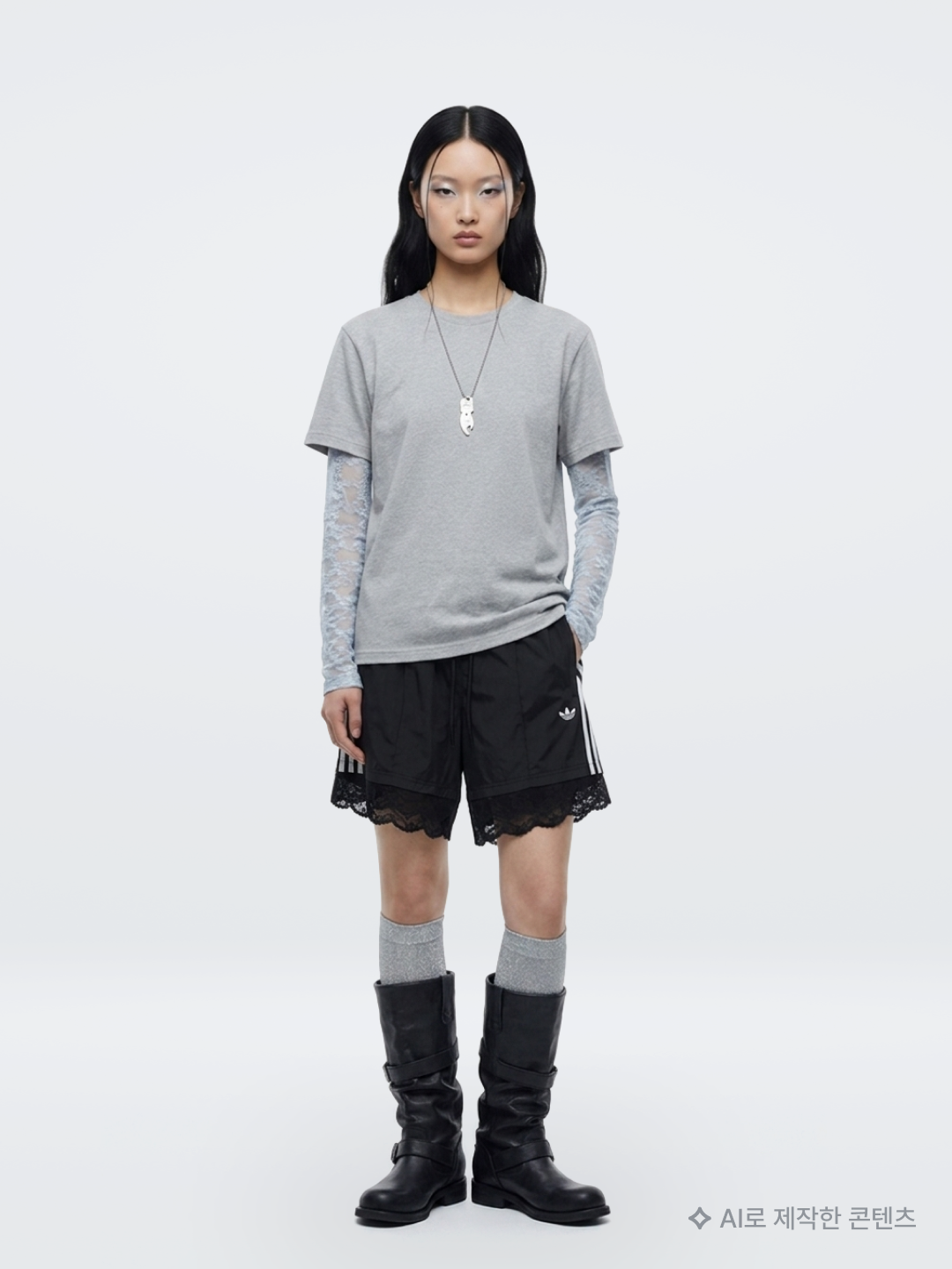 (W) Glowny Polly Lace Long Sleeve Baby Blue, (W) Adidas Lace Trim 3-Stripes Shorts Black - KR Sizing 착용 스타일 - 2