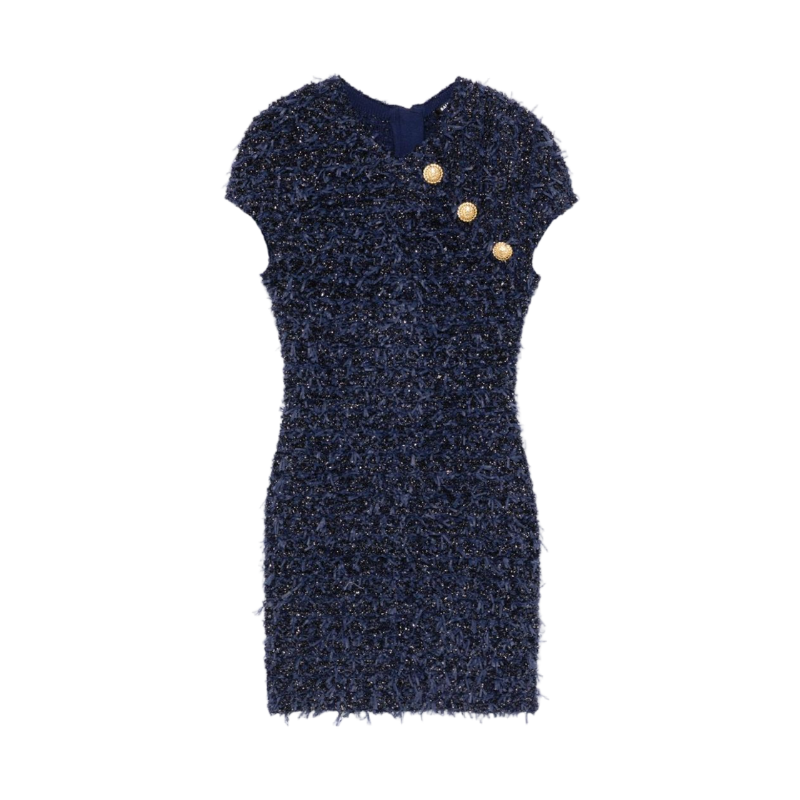 (W) 발망 숏 부클 드레스 버튼 블루((W) Balmain Short Boucle Dress with Buttons Blue)
