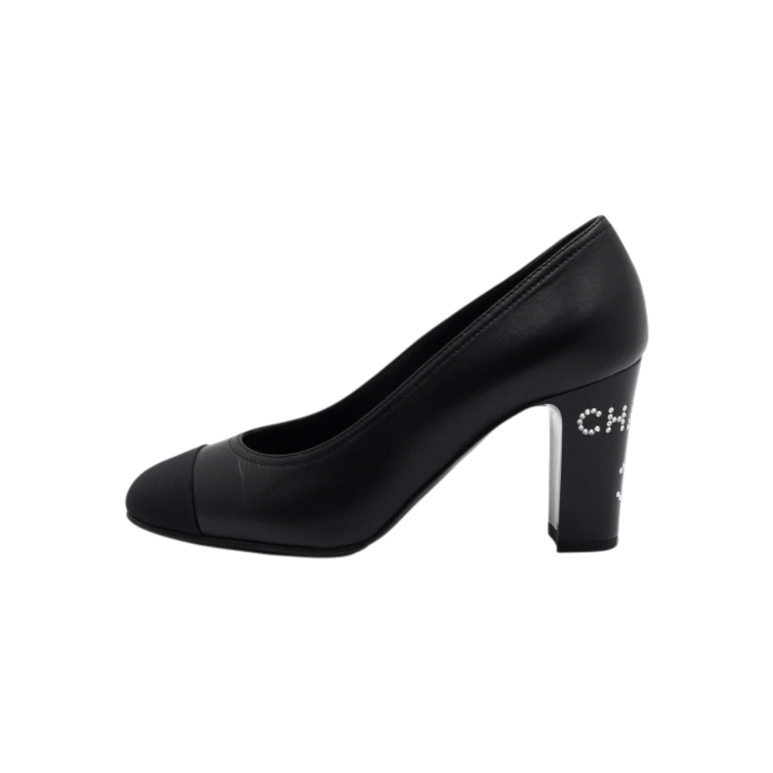 샤넬 G34991 블랙 레더 크리스탈 백힐로고 펌프스 여성 구두aa63064(Chanel G34991 Black Leather Crystal Logo Back Heel Pumps)