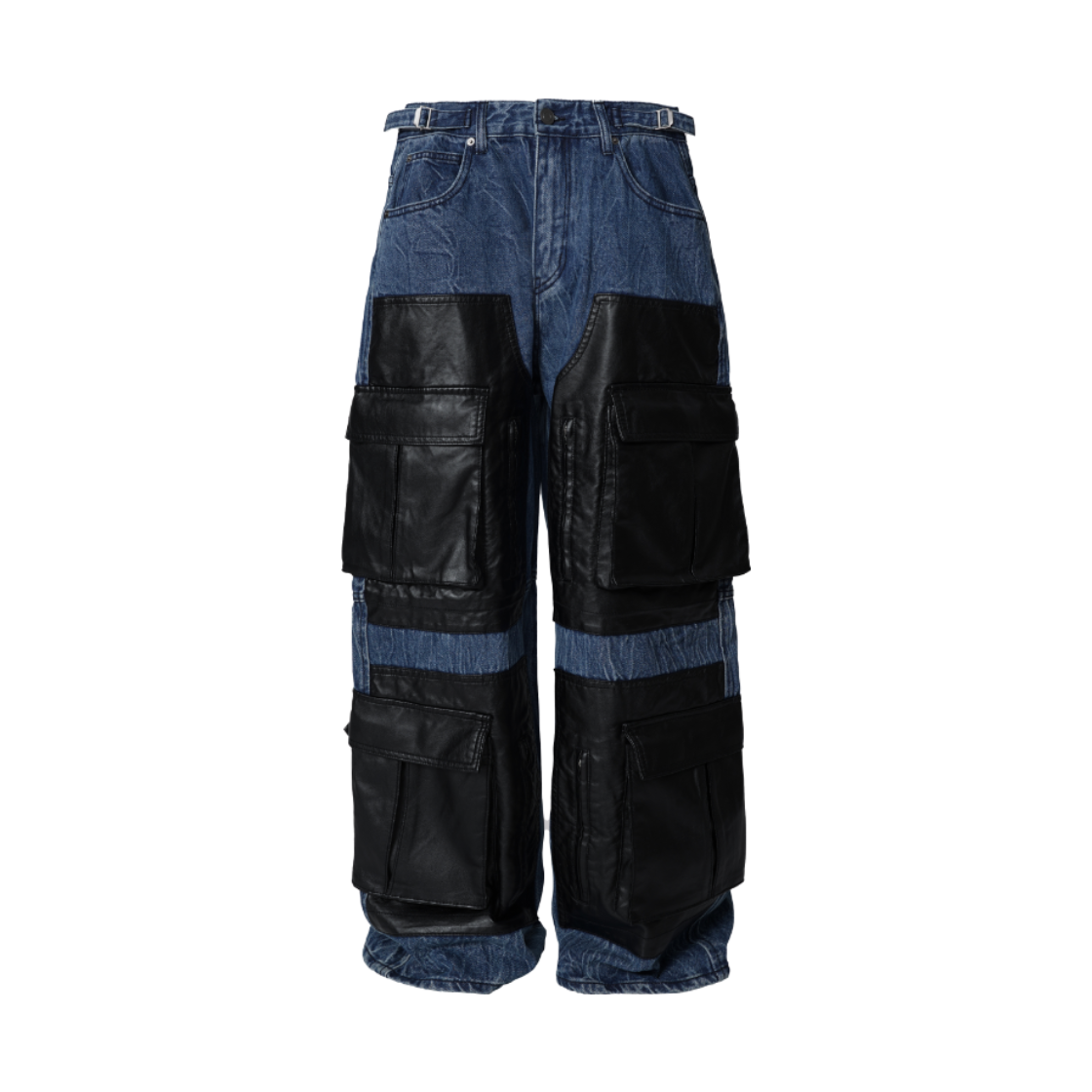 코너블레스 페이크 레더 믹스드 카고 데님 팬츠 미드블루(Cornerbless Fake Leather Mixed Cargo Denim Pants Mid Blue)
