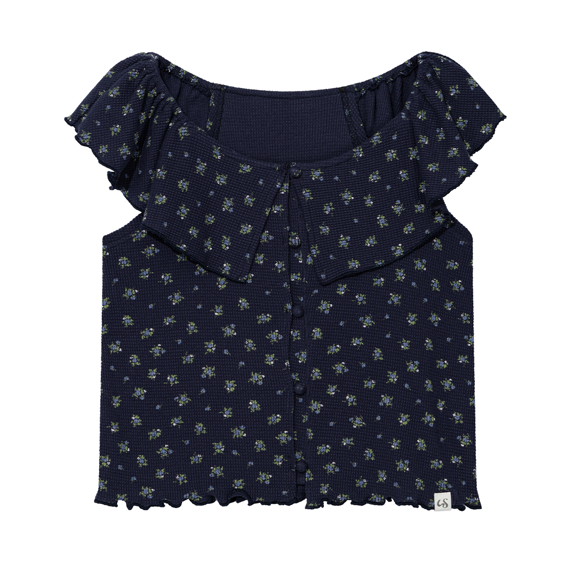 어글리쉐도우 러플 플라워 블라우스 네이비(UGLYSHADOW Ruffle Flower Blouse Navy)