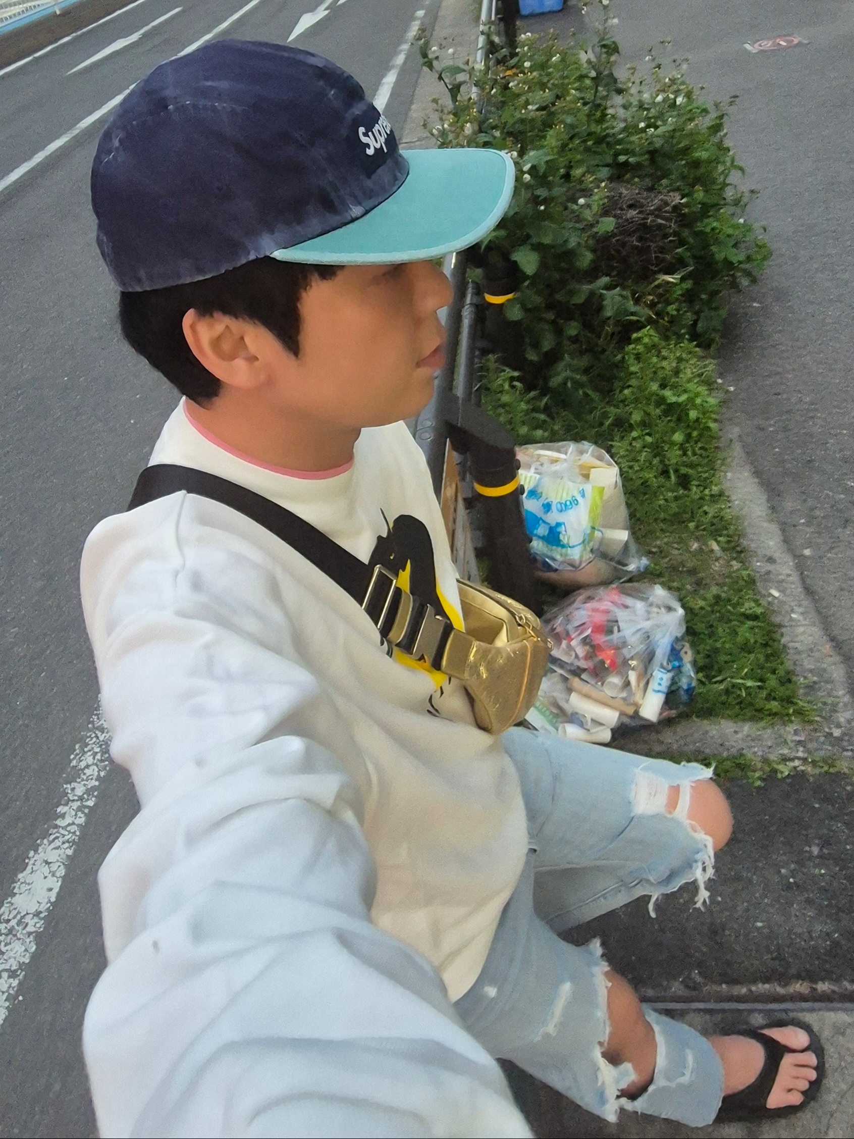 Supreme Pigment 2-Tone Camp Cap Navy - 24SS, Kapital Eco Fleece Crew Sweatshirt White 착용 스타일 - 3