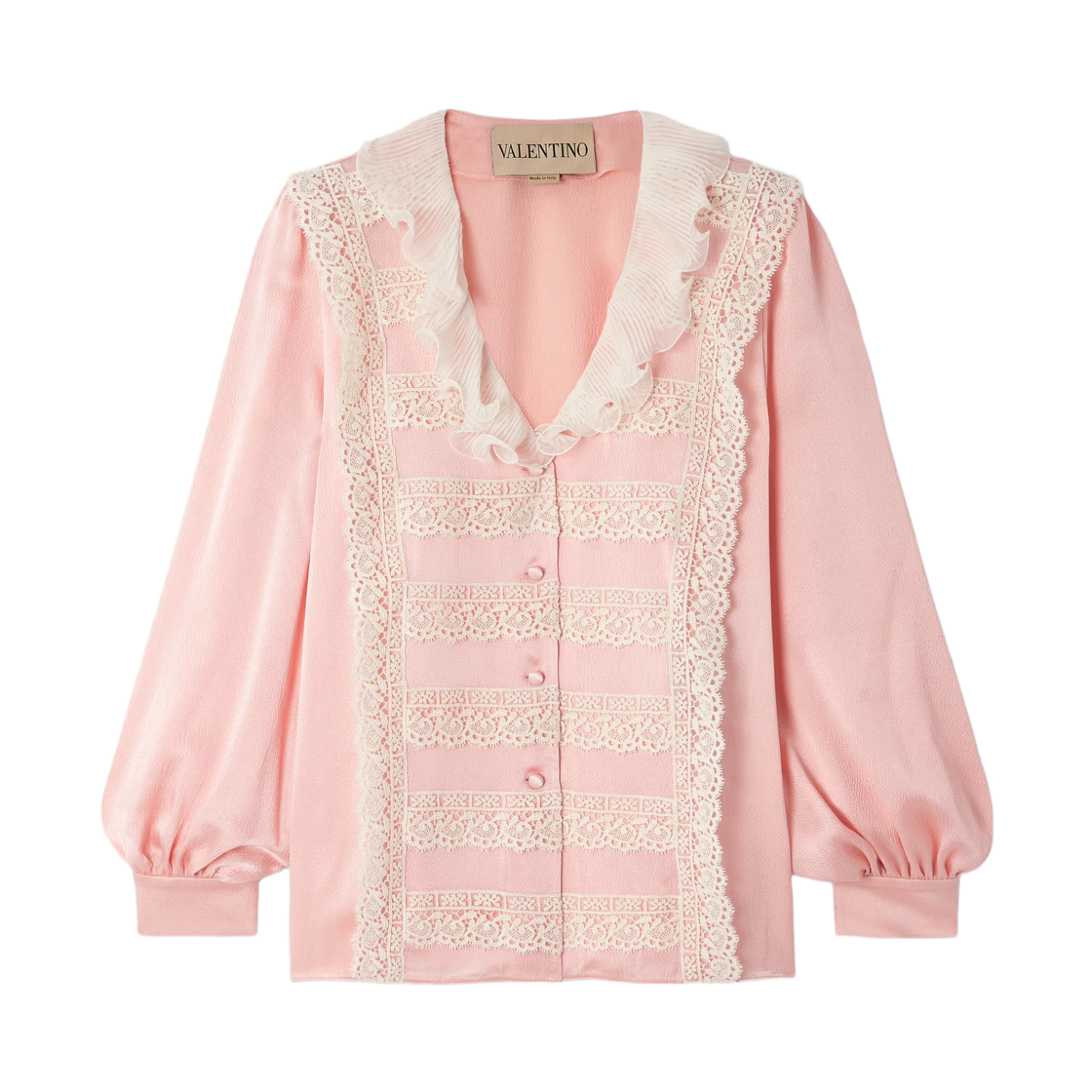 (W) 발렌티노 레이스 앤 플리세 시폰 트림 실크 크레이프 블라우스 핑크((W) Valentino Lace and Plisse Chiffon-Trimmed Silk-Crepe Blouse Pink) - 1