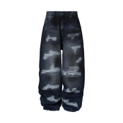 Cornerbless Quilted Dirty Denim Pants Mid Blue