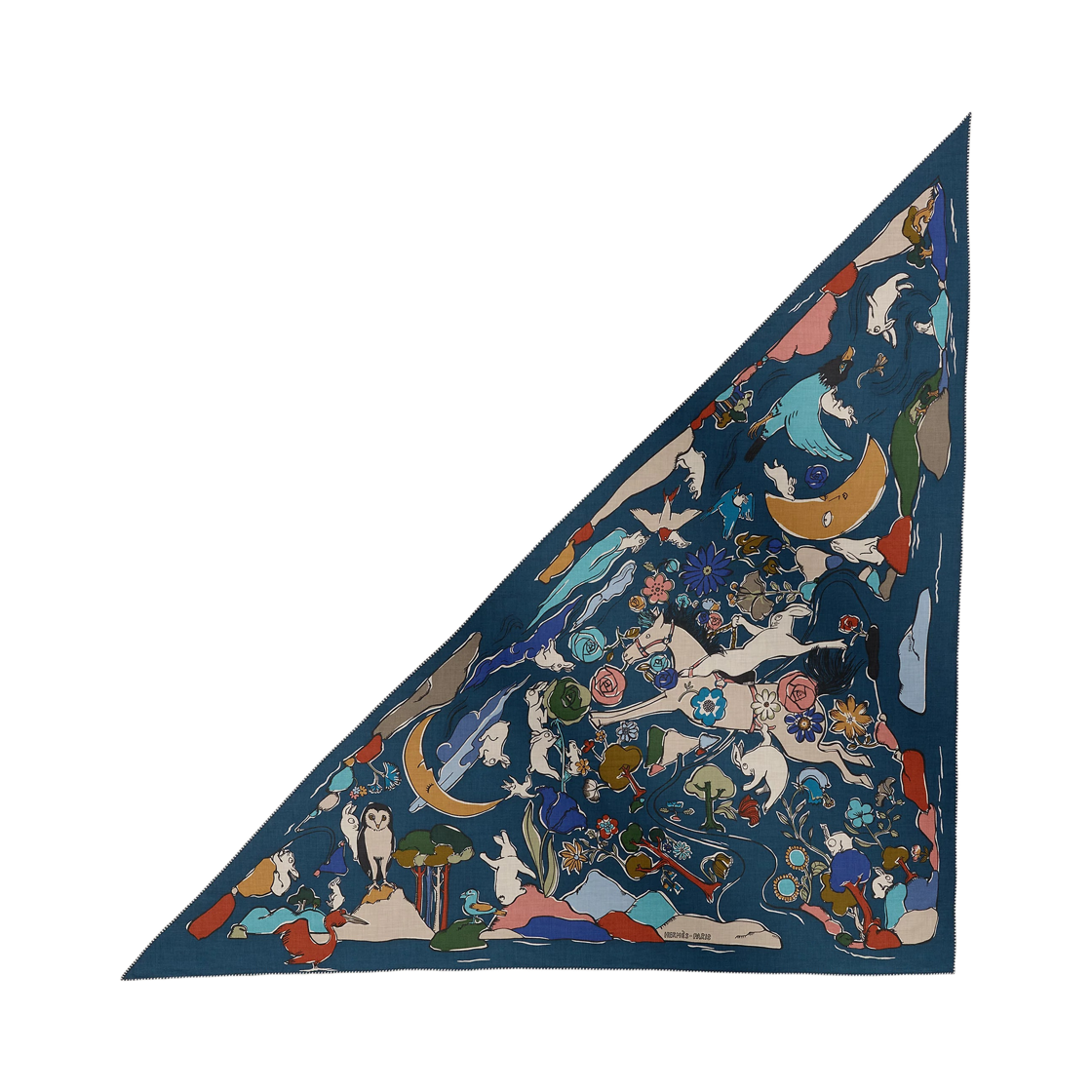 H364007S04 (W) Hermes Mille Et Un Lapins Triangle Cashmere Silk Bleu Petrole Naturel Vert
