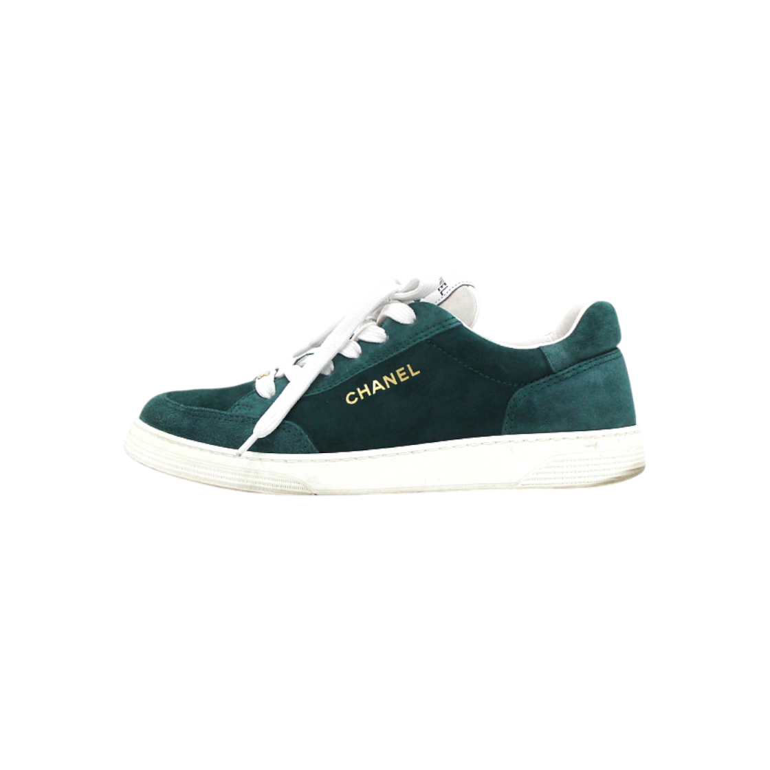 IT4J6DEHQ7BB Chanel Green Canvas Gold CC Logo Unisex Sneakers
