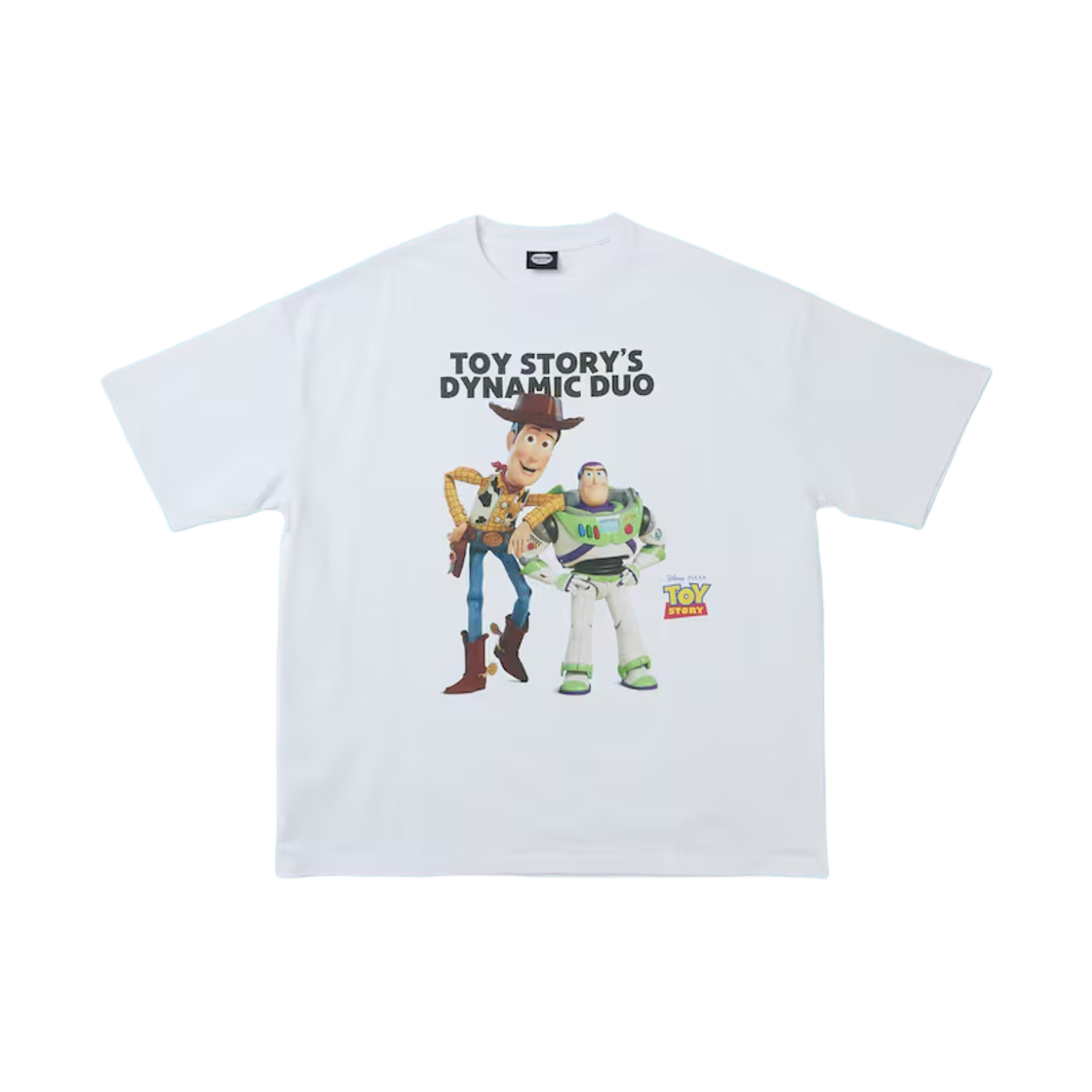 프릭스 스토어 x 토이 스토리 캐릭터 프린트 크루넥 티셔츠 우디 & 버즈 화이트(Freak's Store x Toy Story Character Print Crew Neck T-Shirt Woody & Buzz White)