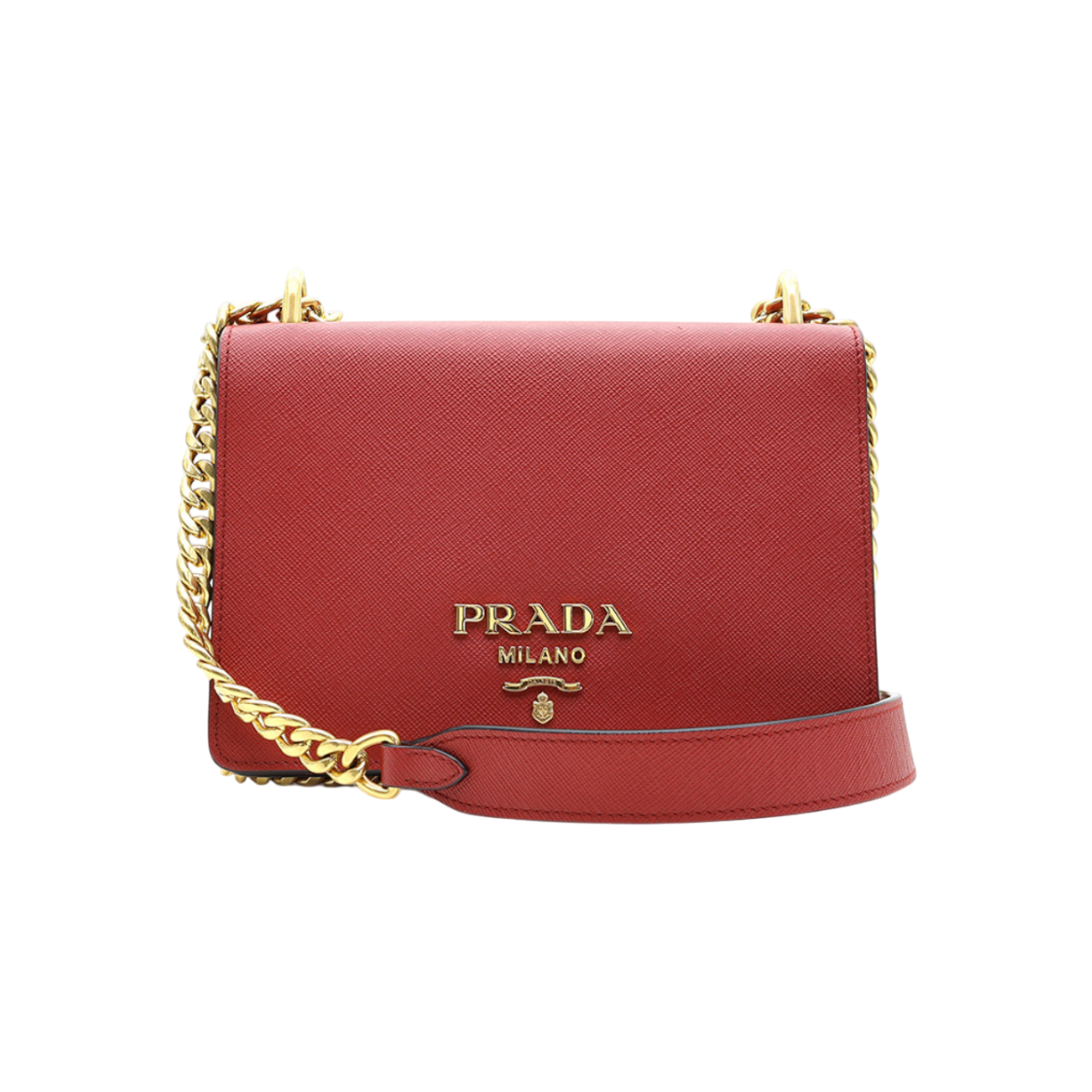 IT23BFGGTR47 Prada Red Saffiano Soft Calfskin Gold Lettering Chain Flap Shoulder Bag