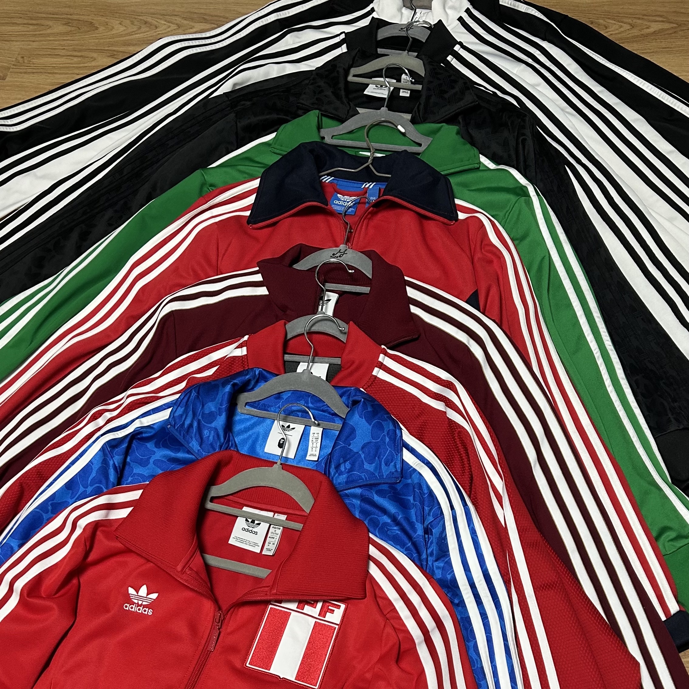 Adidas Peru Track Top Better Scarlet - KR Sizing, Adidas x BAPE Allover Print Track Top Blue - US Sizing 착용 스타일