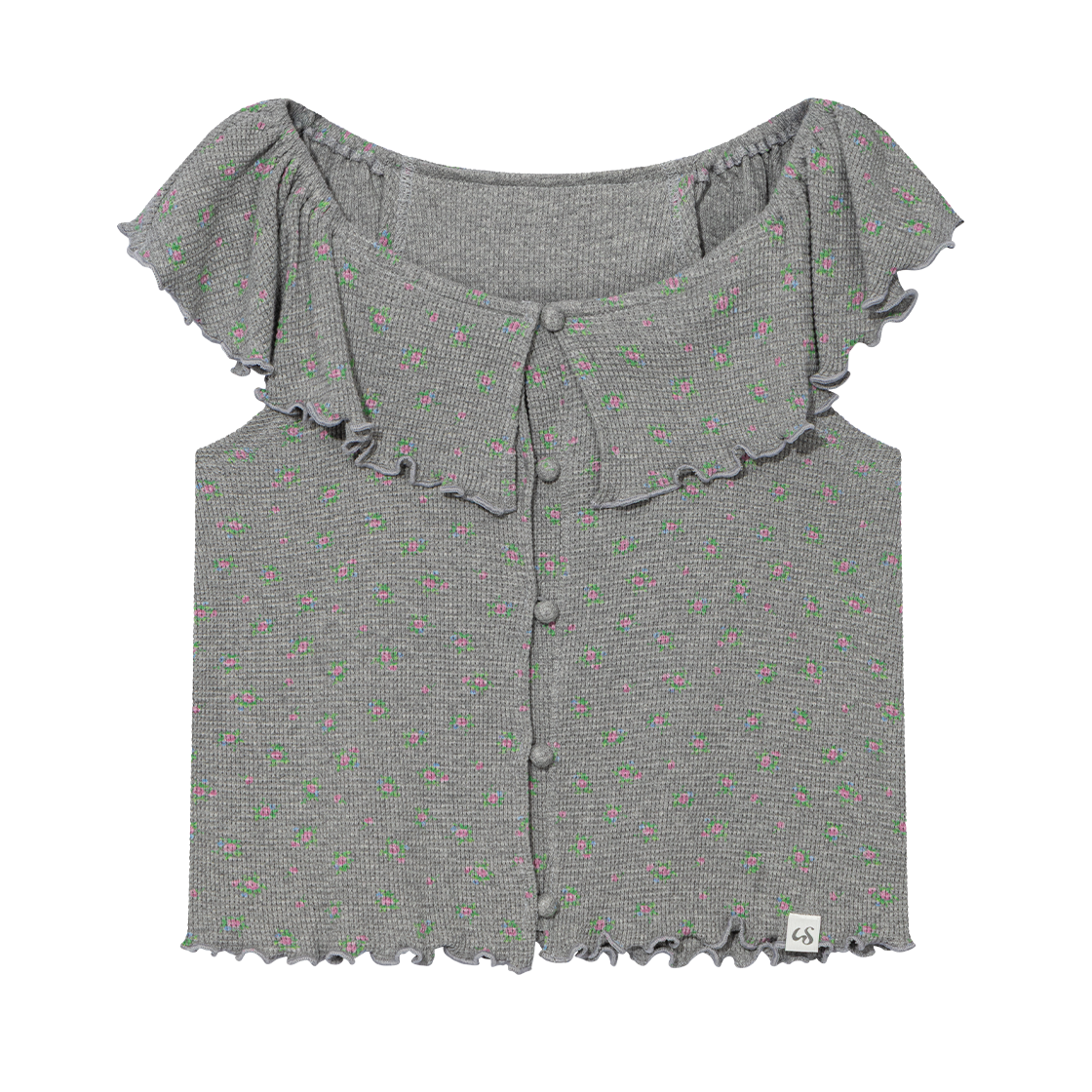 어글리쉐도우 러플 플라워 블라우스 그레이