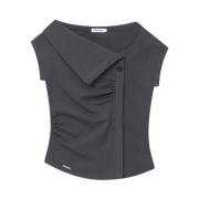 (W) Miseki Seoul Folding Collar Shirring Top Charcoal