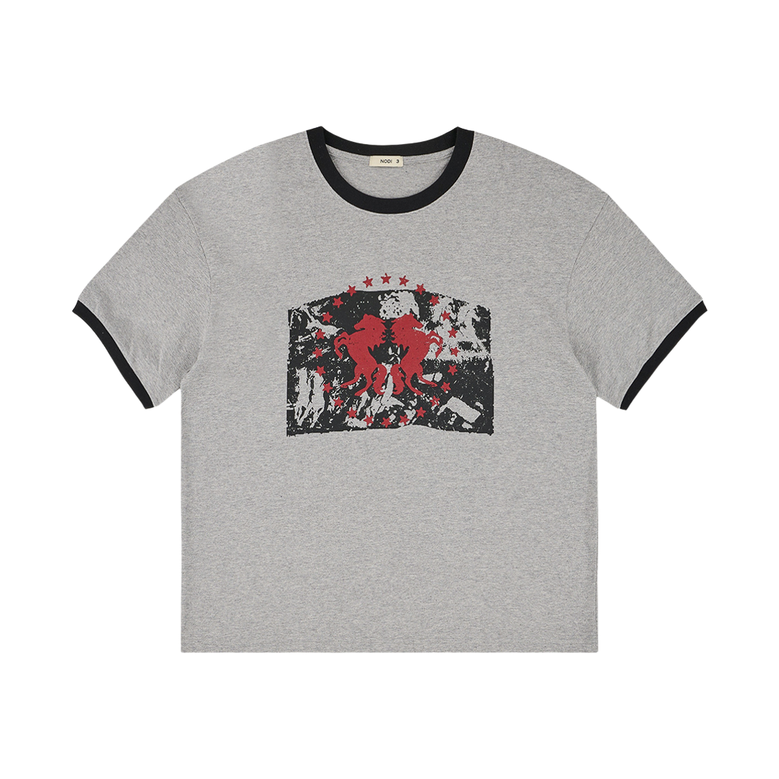 ND_RCTO_018_GR NODI Dual Horse Emblem Ringer Crop Tee Melange Gray