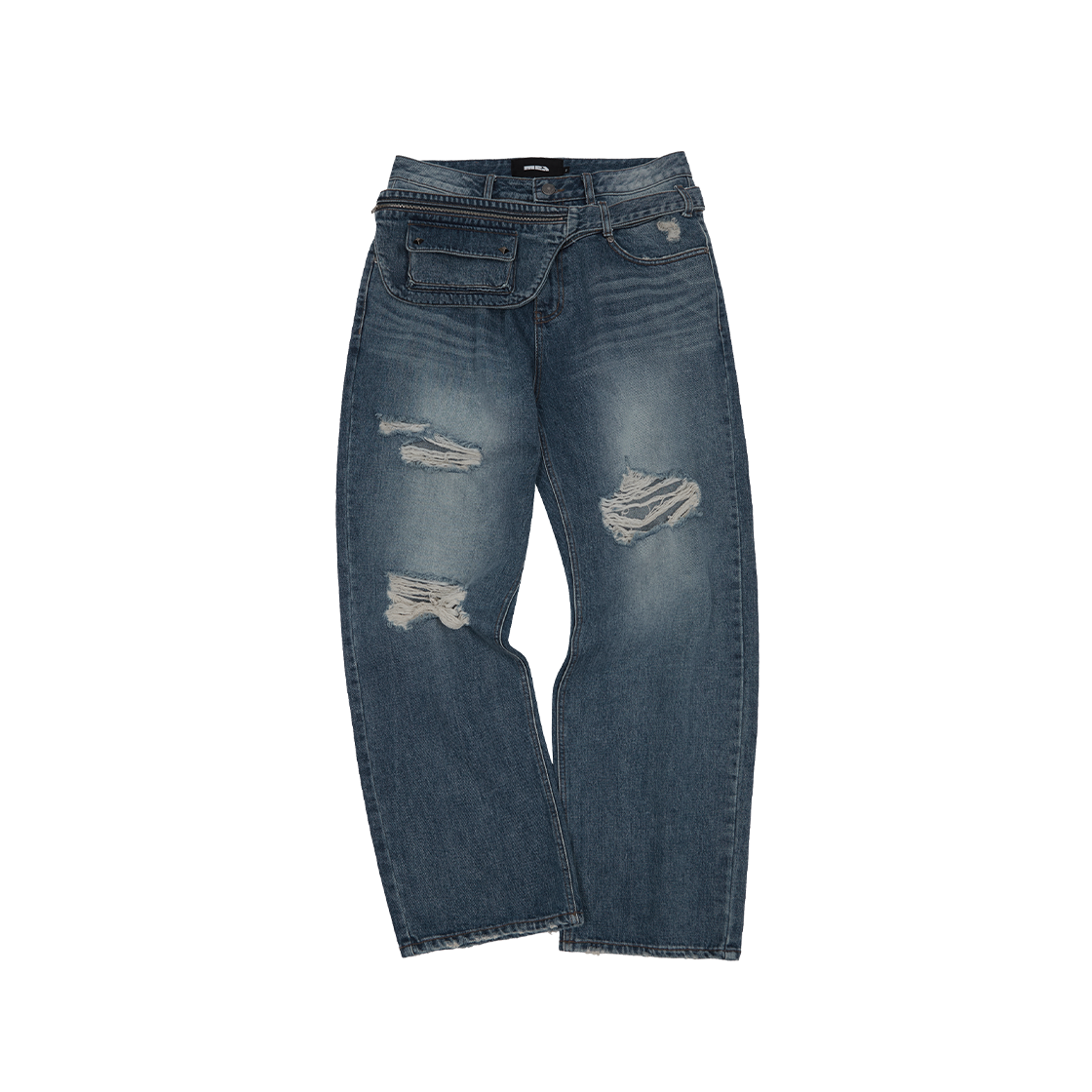 메아 포켓 벨트 데미지 데님 팬츠 인디고(Mea Pocket Belt Damaged Denim Pants Indigo)