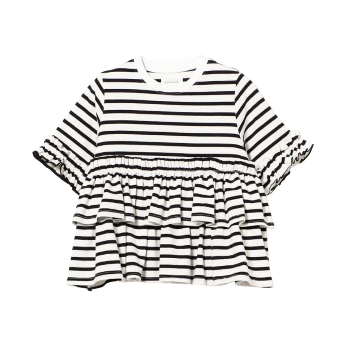 (W) 카롤리나 글레이서 스트라이프 프릴 컷 소우 탑 블랙((W) Carolina Glaser Striped Frill Cut and Sew Top Black)