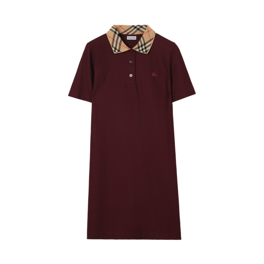 8128027 (W) Burberry Check Collar Cotton Polo Shirt Dress Vineyard Red