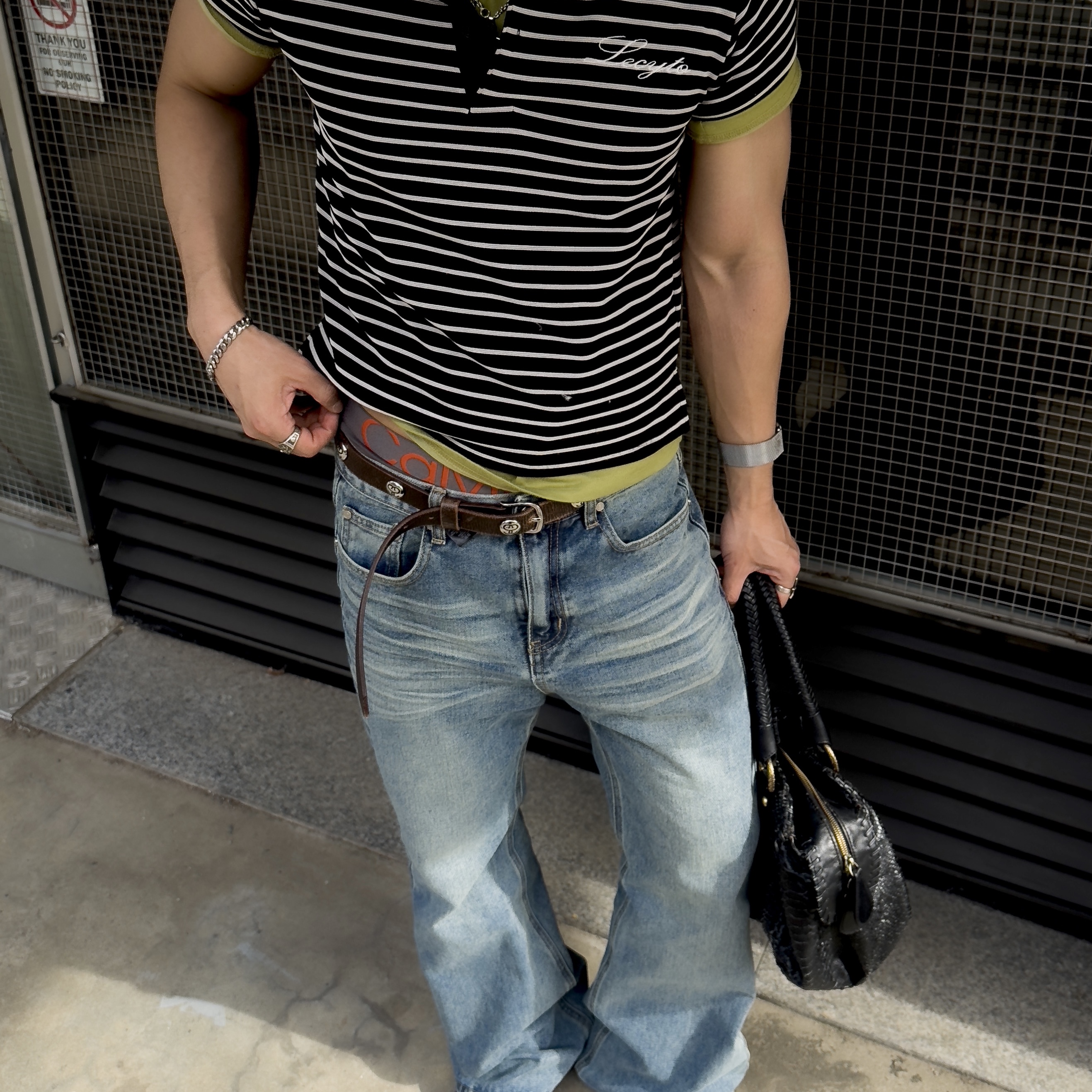 Stussy SS Link Studded Belt Distressed Brown 착용 스타일 - 3