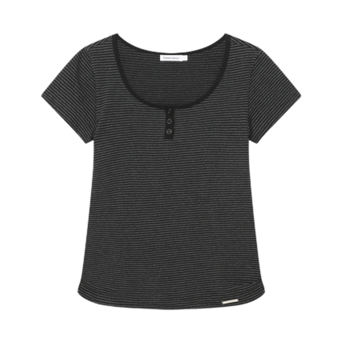 (W) 미세키서울 스트라이프 헨리 넥 숏슬리브 블랙((W) Miseki Seoul Striped Henley Neck Short Sleeves Black) - 1
