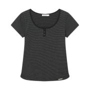 (W) Miseki Seoul Striped Henley Neck Short Sleeves Black
