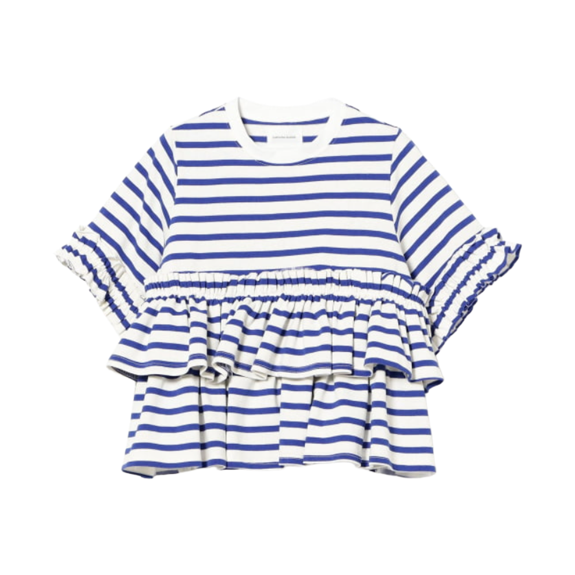 (W) 카롤리나 글레이서 스트라이프 프릴 컷 소우 탑 블루((W) Carolina Glaser Striped Frill Cut and Sew Top Blue)
