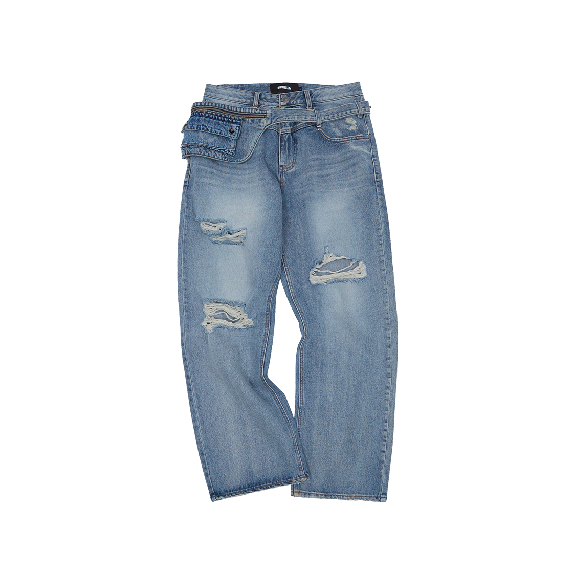 메아 포켓 벨트 데미지 데님 팬츠 라이트 인디고(Mea Pocket Belt Damaged Denim Pants Light Indigo)
