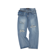Mea Pocket Belt Damaged Denim Pants Light Indigo