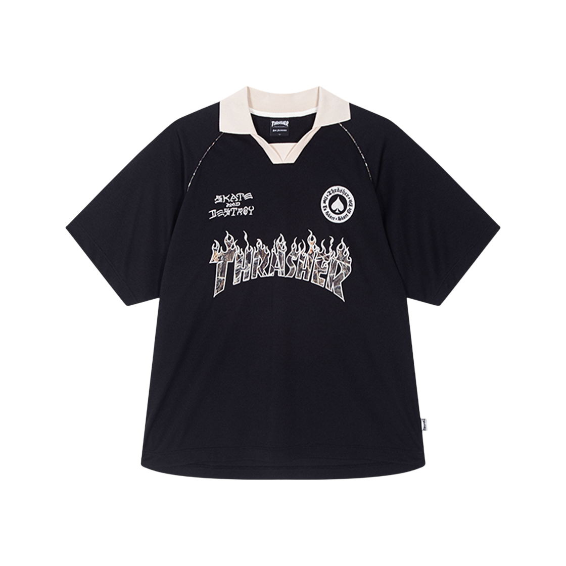 트레셔 플레임 유니폼 칼라 저지 티셔츠 블랙(Thrasher Flame Uniform Collar Jearsey T-Shirt Black)