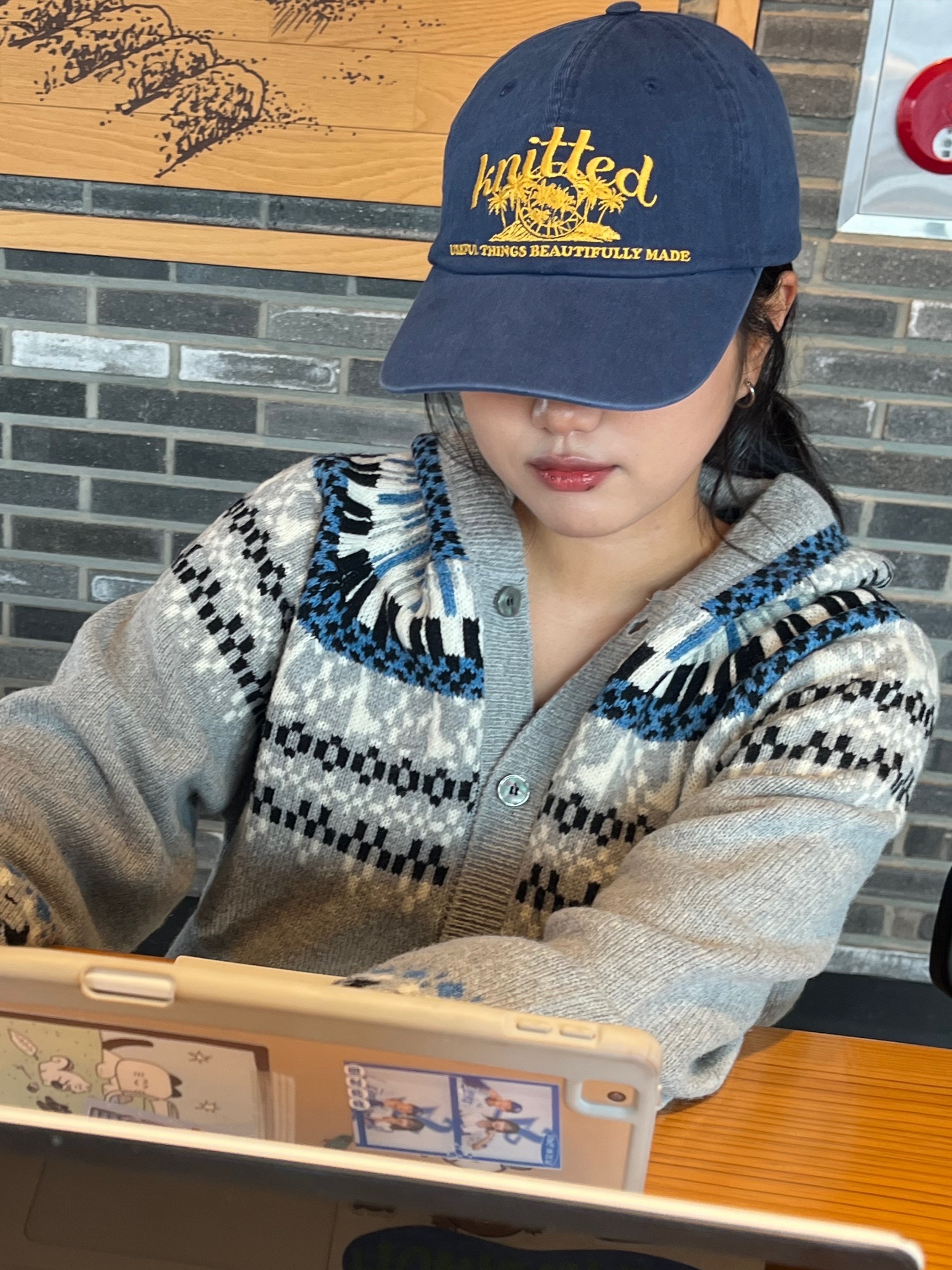 Knitted Palmtree Logo Ballcap Navy 착용 스타일 - 1