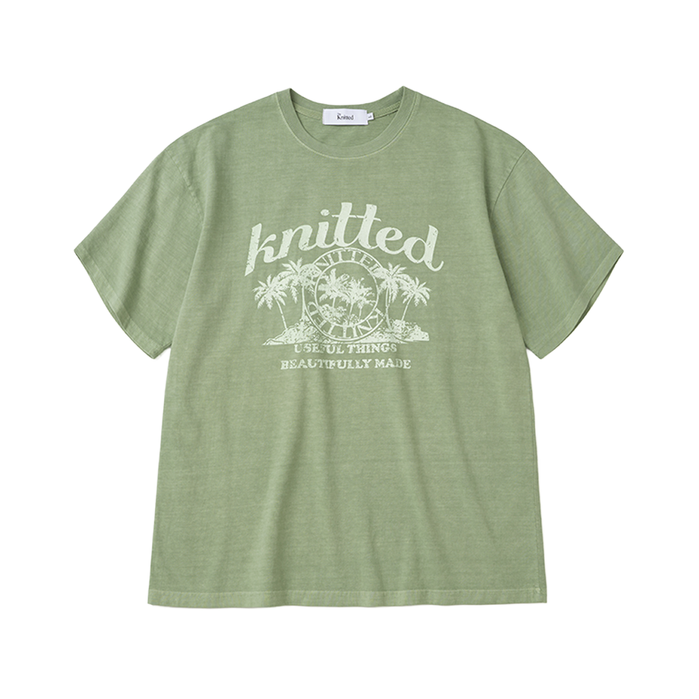 니티드 피그먼트 팜트리 그래픽 티셔츠 워싱 그린(Knitted Pigment Palm Tree Graphic T-Shirt Washing Green)