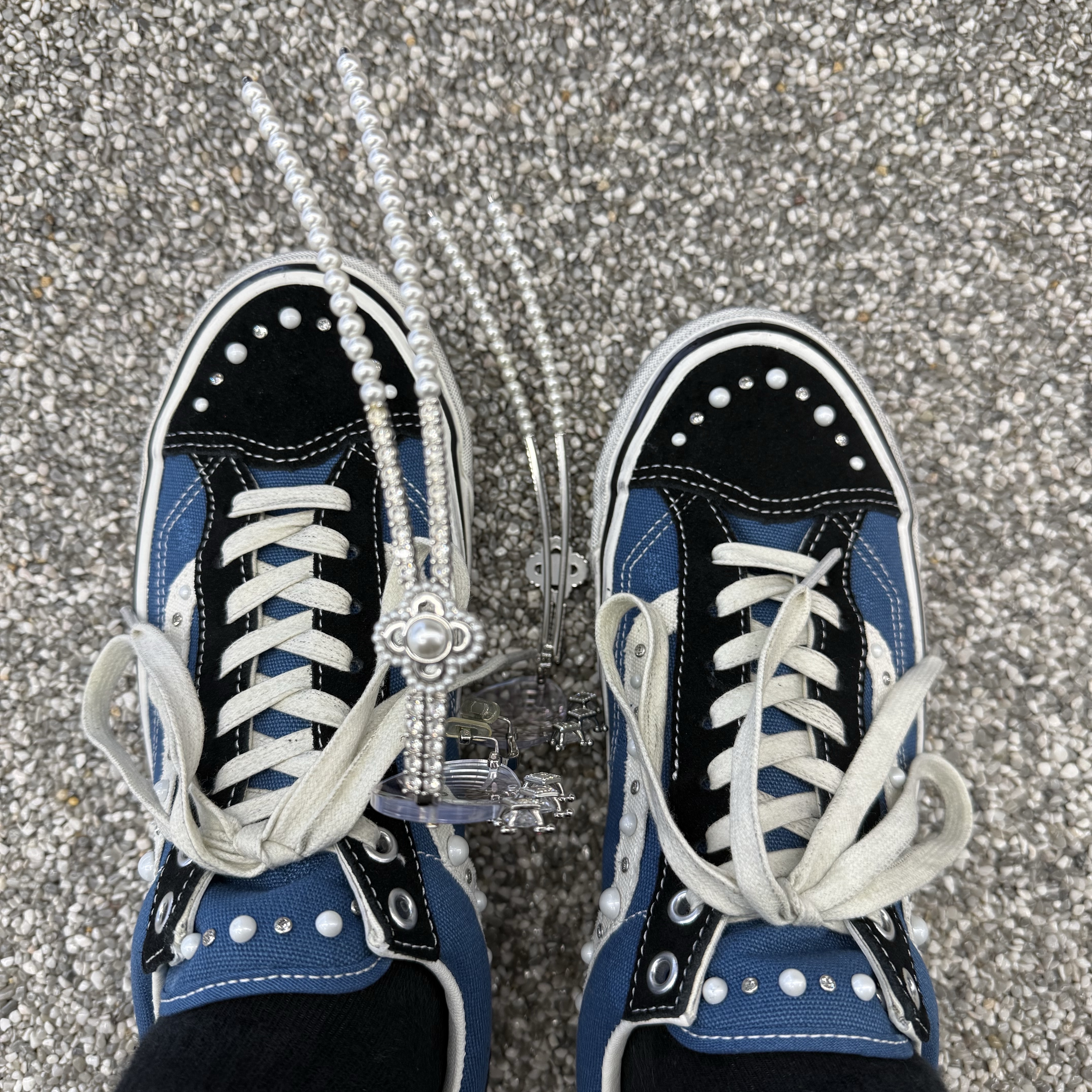 Vans LX Old Skool 36 Pearlized Navy Black, Neighborhood x Saint Mxxxxxx STHD Heaven Hell T-Shirt Vintage Black 착용 스타일 - 2