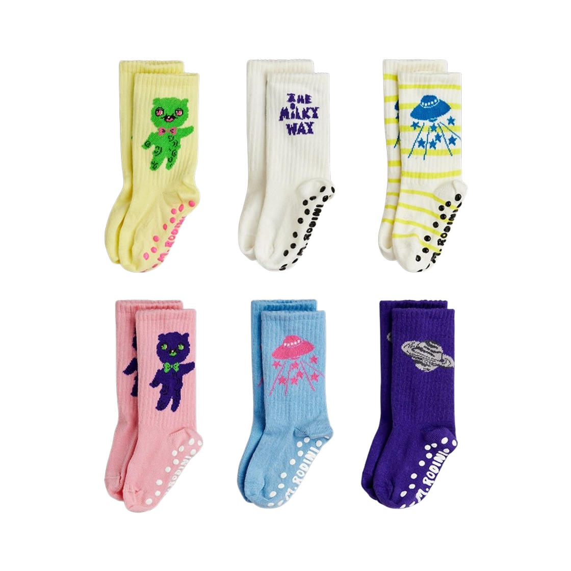 (키즈) 미니 로디니 에일리언 안티 슬립 삭스 멀티 (6개입)((Kids) Mini Rodini Alien Anti Slip Socks Multi (6 Pack))
