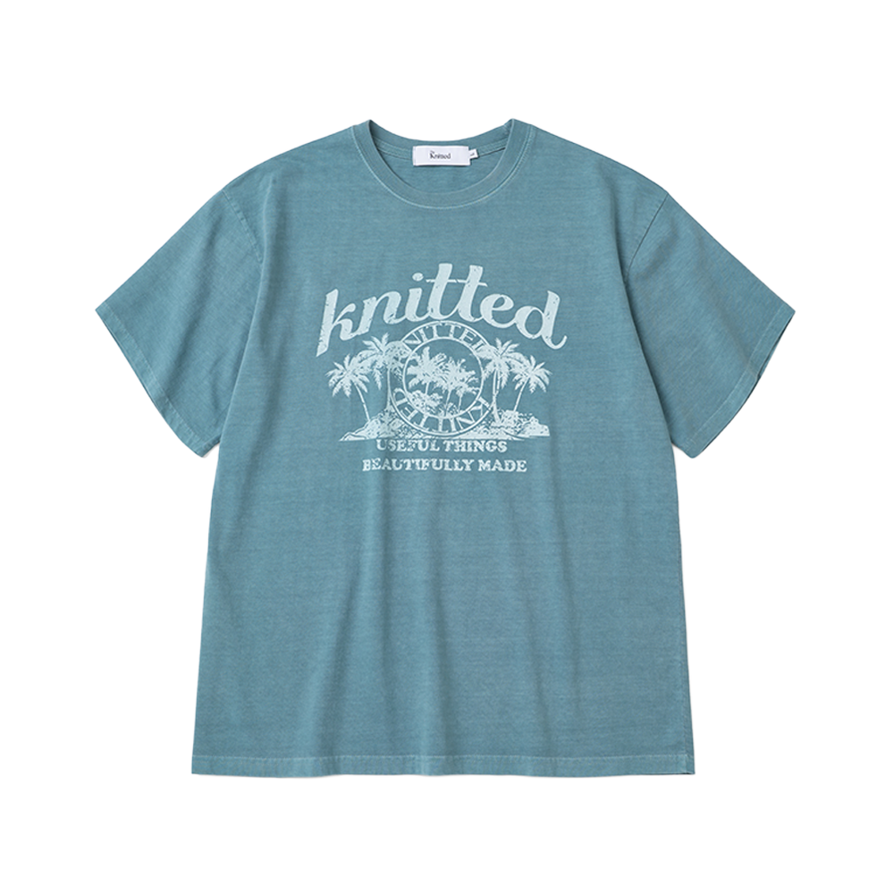 니티드 피그먼트 팜트리 그래픽 티셔츠 스톤 블루(Knitted Pigment Palm Tree Graphic T-Shirt Stone Blue)
