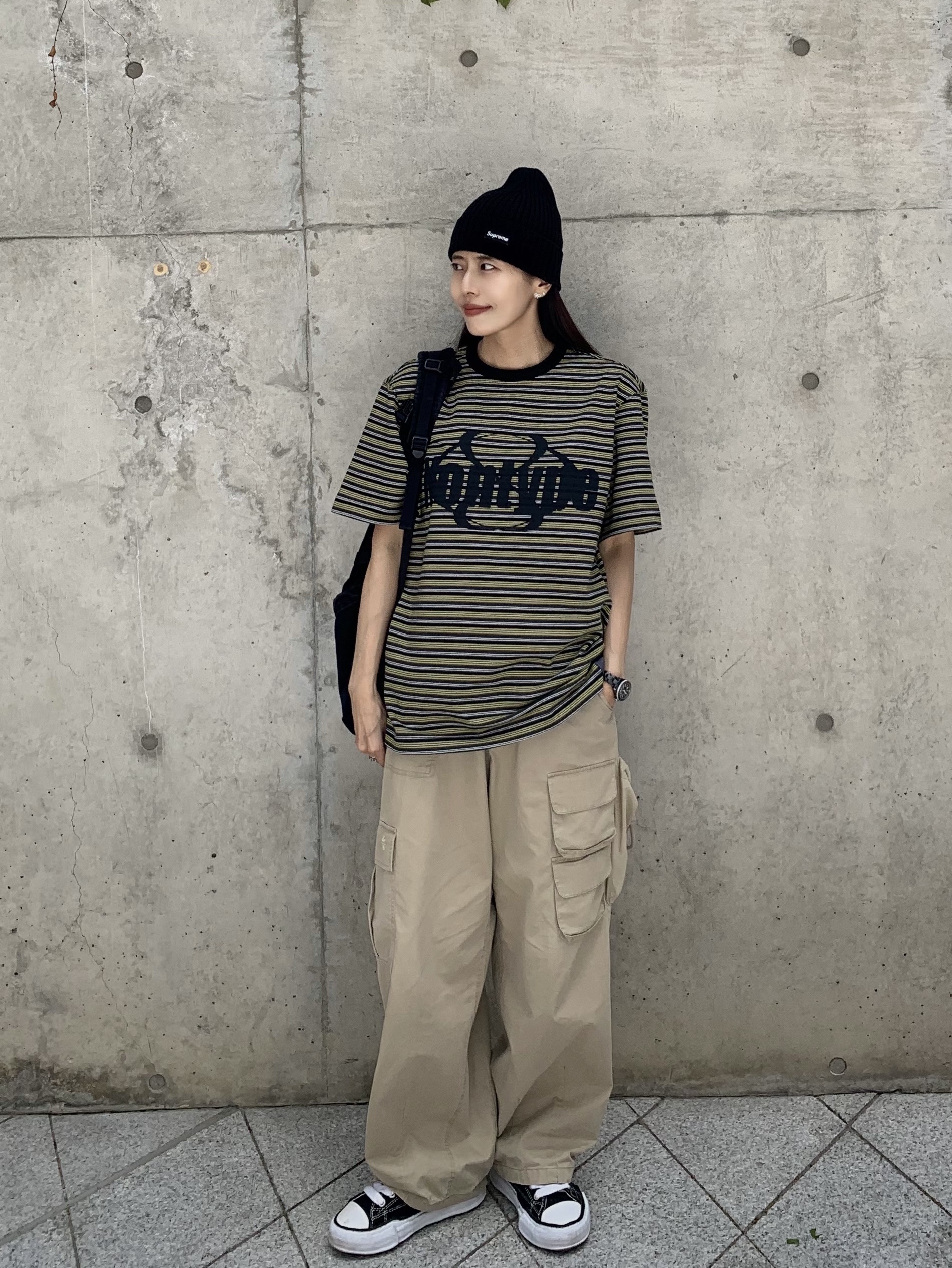 Supreme Overdyed Beanie Black, Fritur Kyoto Cargo Pants Beige_F251PT01 착용 스타일 - 2