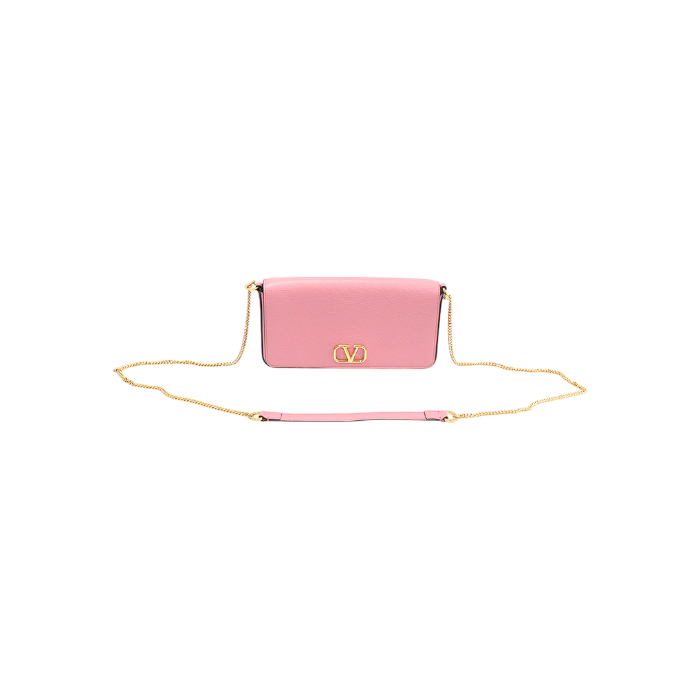 IT5L94PU3JL3 Valentino Candy Rose Pink Grained Calfskin V Logo Chain Pouch Crossbody Bag