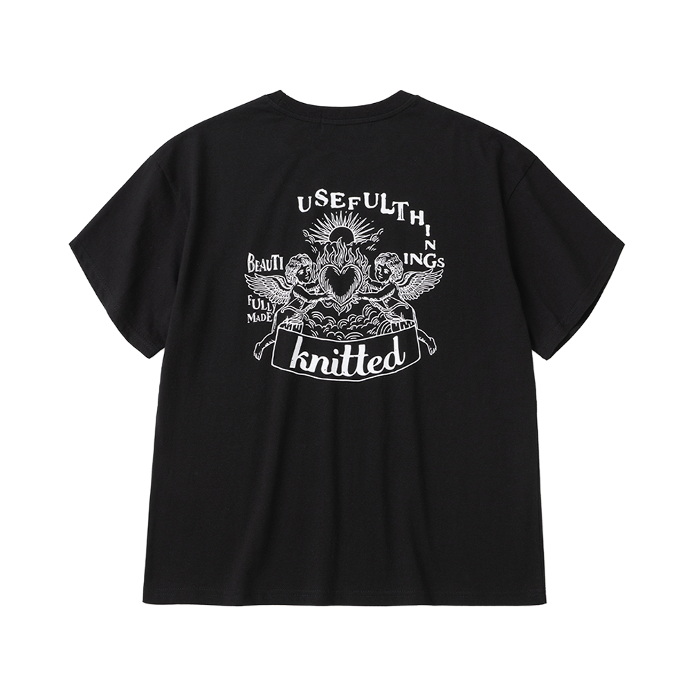 니티드 헤븐리 버닝 하트 크롭 티셔츠 블랙(Knitted Heavenly Burning Heart T-Shirts Black)