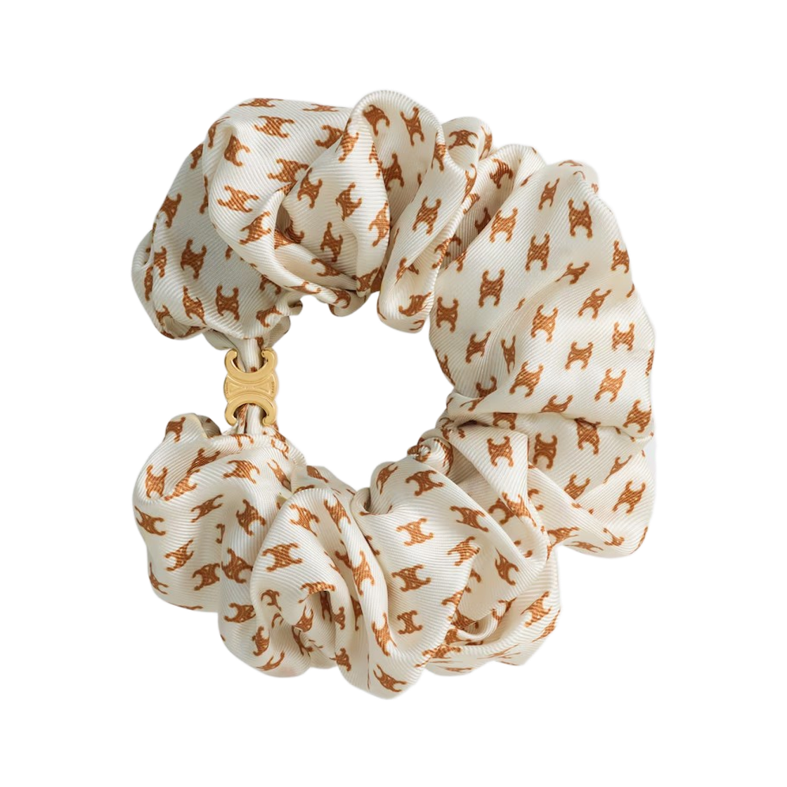 B10803F99-01YN (W) Celine Mini Triomphe Scrunchy Silk Gold Finish Brass Ivory Tan