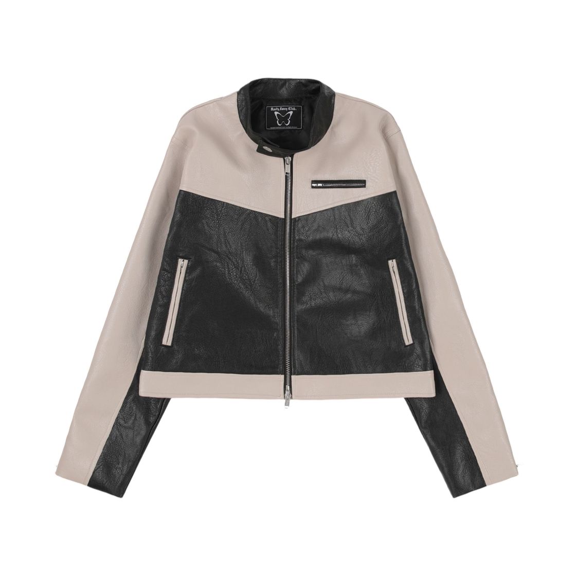 (W) 팬시 클럽 블록 페널 레더 자켓 블랙((W) Fancy Club Block Panel Leather Jacket Black)