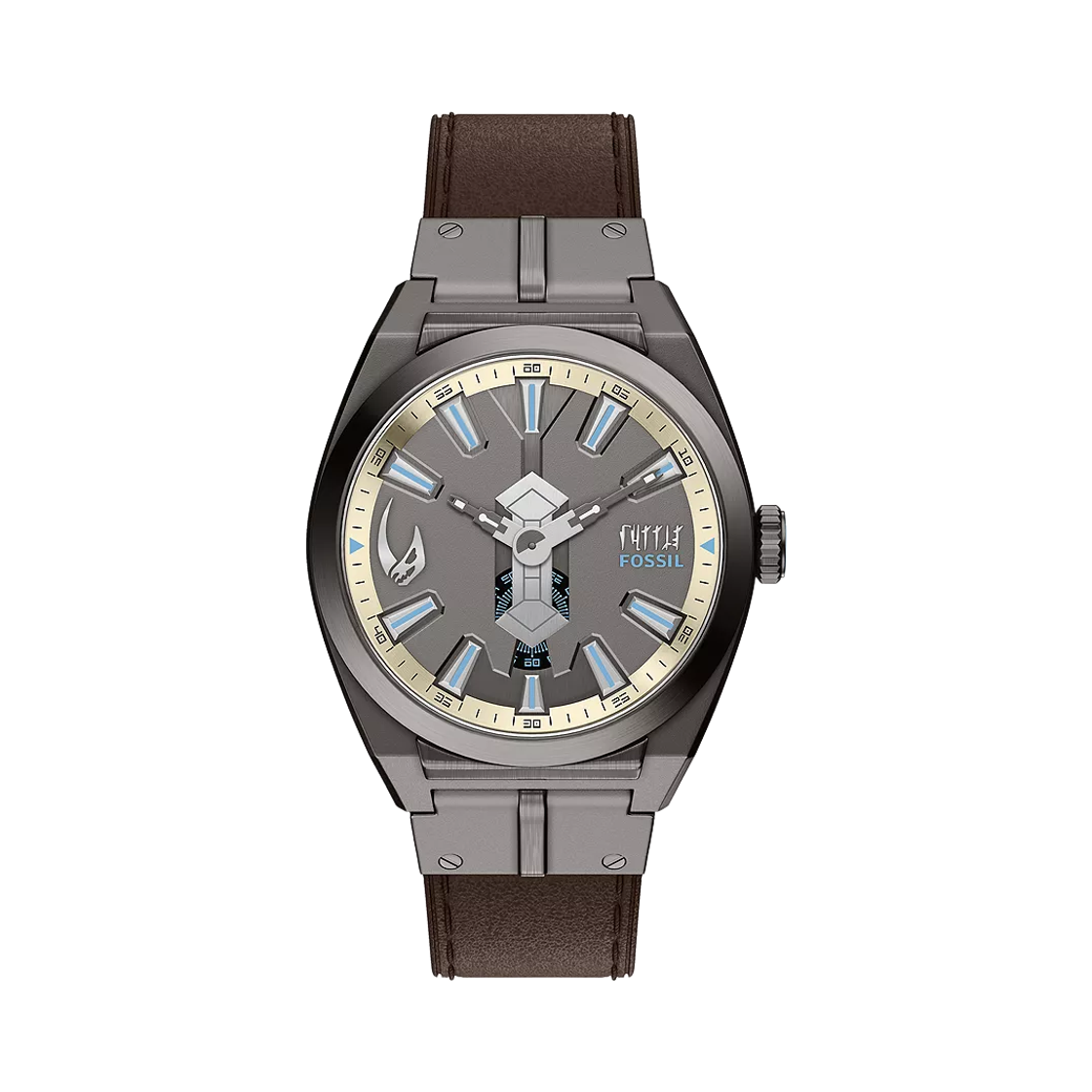 파슬 x 스타워즈 만달로리안 에버렛 쿼츠 쓰리핸드 42mm 레더 그레이 건메탈(Fossil x Star Wars Mandalorian Everett Quartz Three-Hand 42mm Leather Gray Gunmetal)