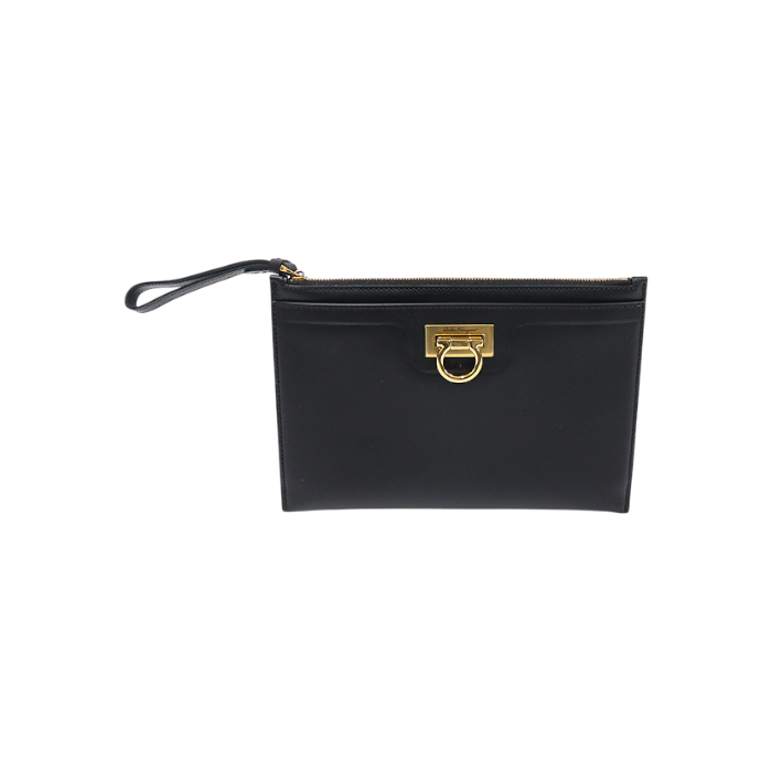 IT3CVP5C3BDL Ferragamo 22 E037 Black Calfskin Gancini Tripolio Pouch Clutch