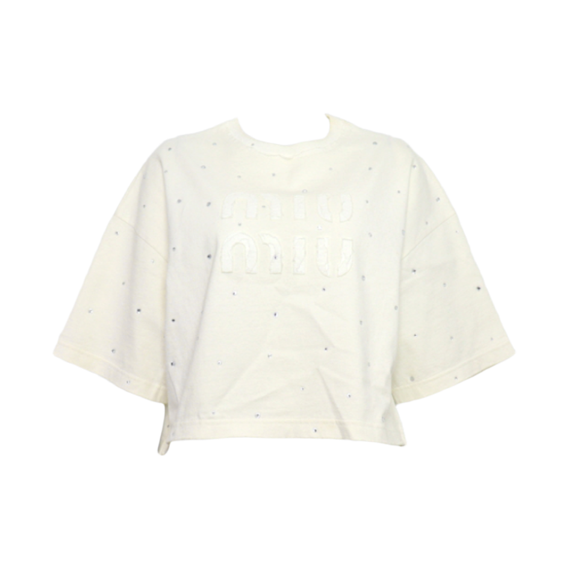 ITPIKLHDOWSM Miu Miu MJN440 White Cotton Crystal Women Short Sleeve T-Shirt