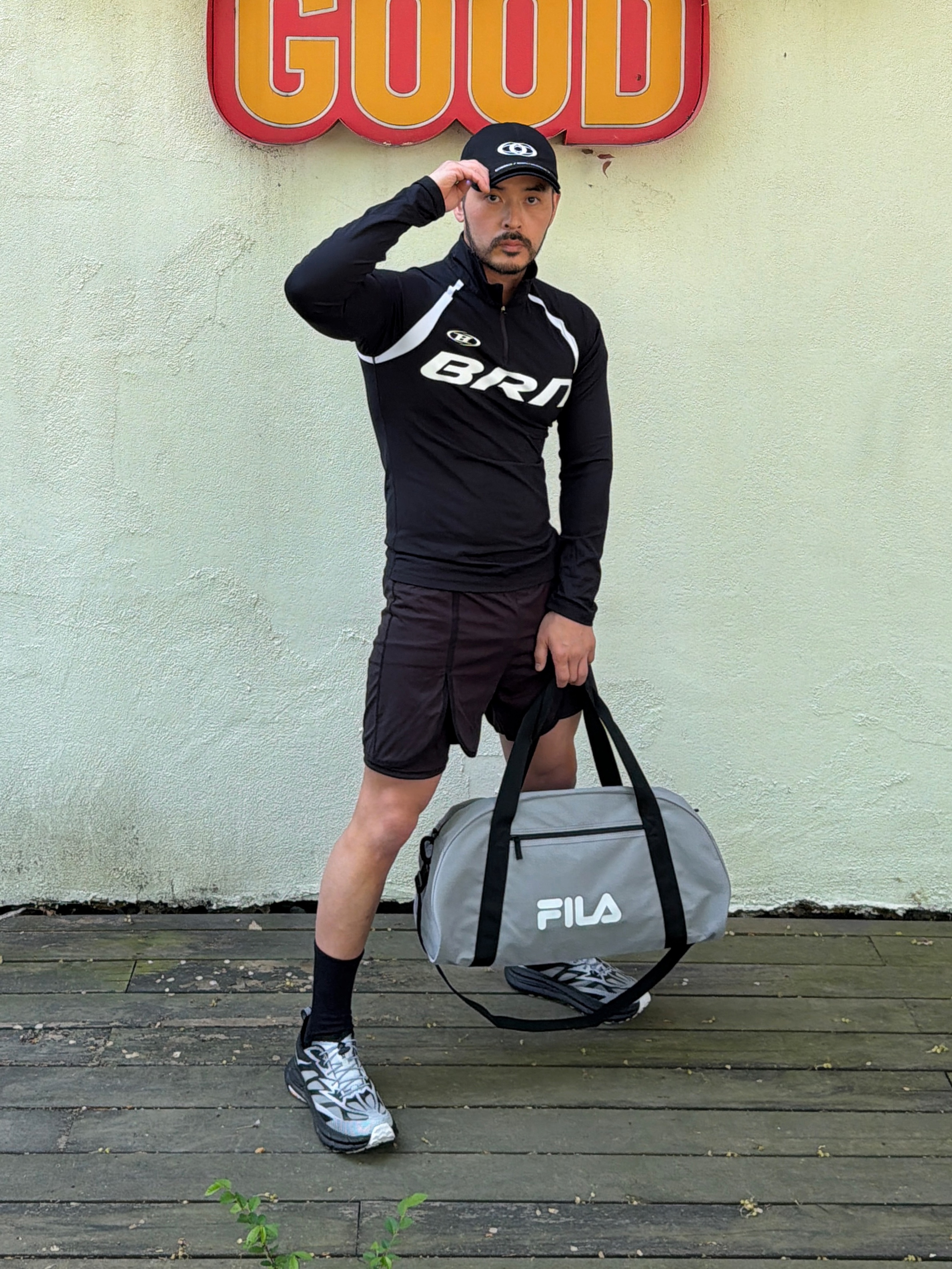 BORN TO WIN BRN Slim Half Zip-Up Longsleeve Black, Hoka Mafate Speed 4 Lite TS Black White 착용 스타일 - 3