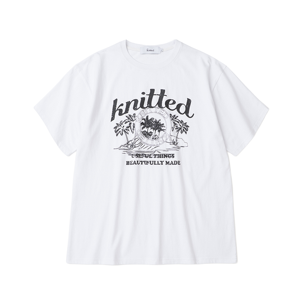 니티드 피그먼트 팜트리 그래픽 티셔츠 크롭 화이트(Knitted Pigment Palm Tree Graphic T-Shirt White)