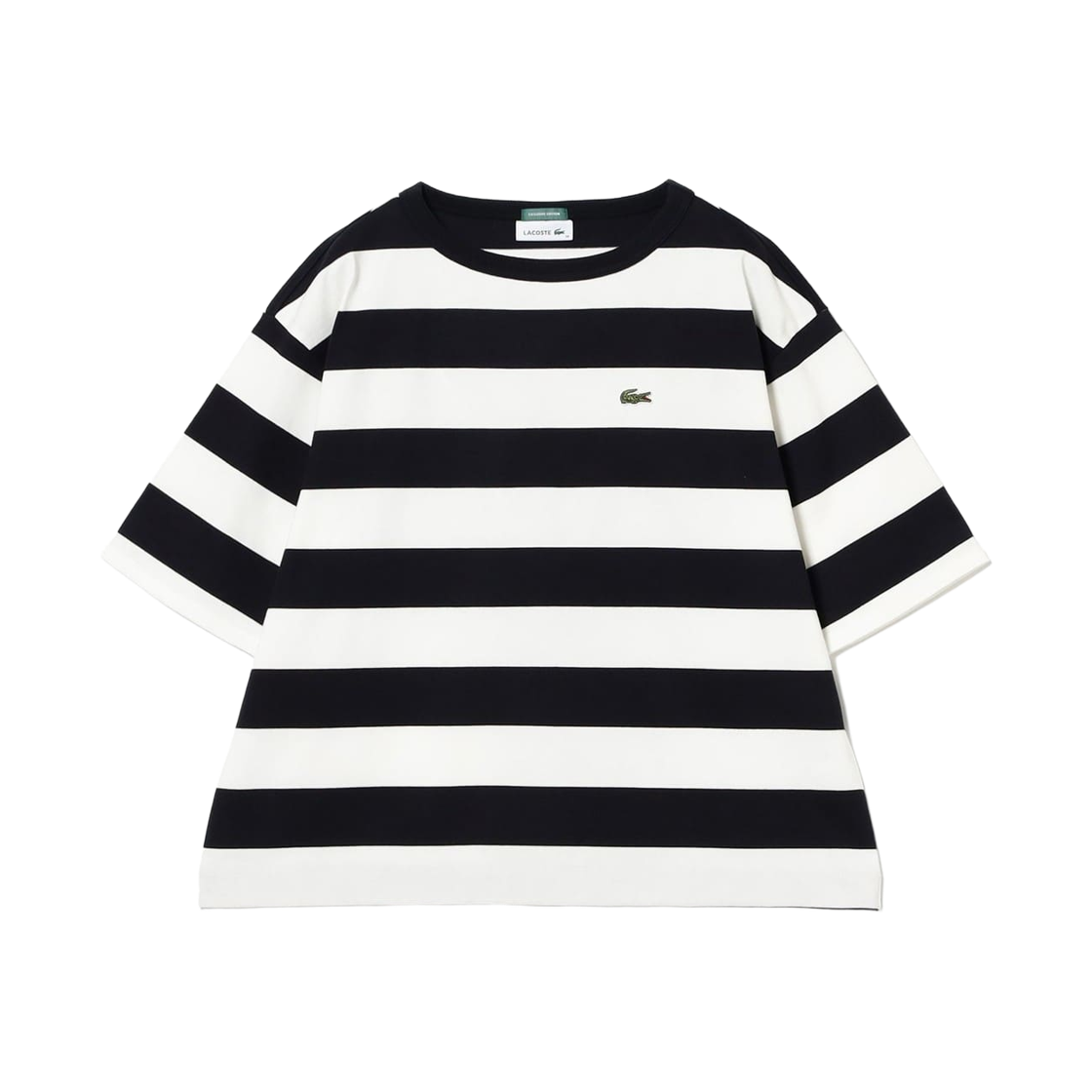 (W) 빔즈 보이 x 라코스테 보더 숏슬리브 티셔츠 블랙((W) Beams Boy x Lacoste Border Short Sleeve T-Shirt Black) - 1
