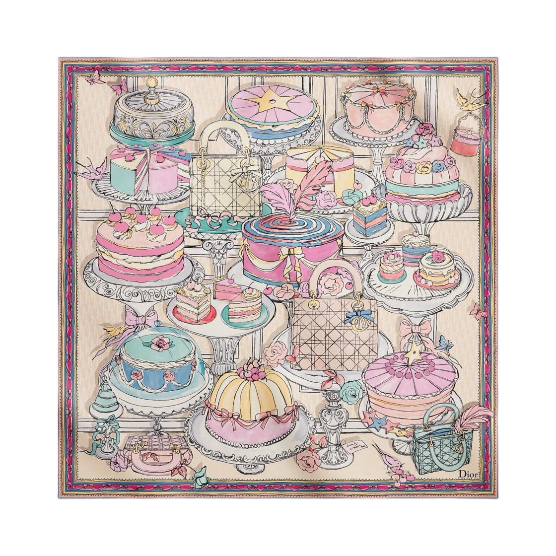 62TC090S6047-C031 (W) Dior Cake Square 90 Scarf Multi Color Silk Twill Ivory