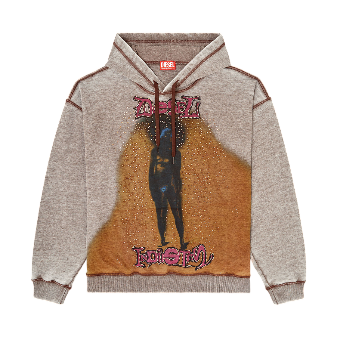 A211760SLCZ-7FGA Diesel Hoodie with Print and Studs Beige Brown