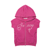 (W) Fancy Club Hotfix Puff Sleeve Hooded Zip Up Hot Pink