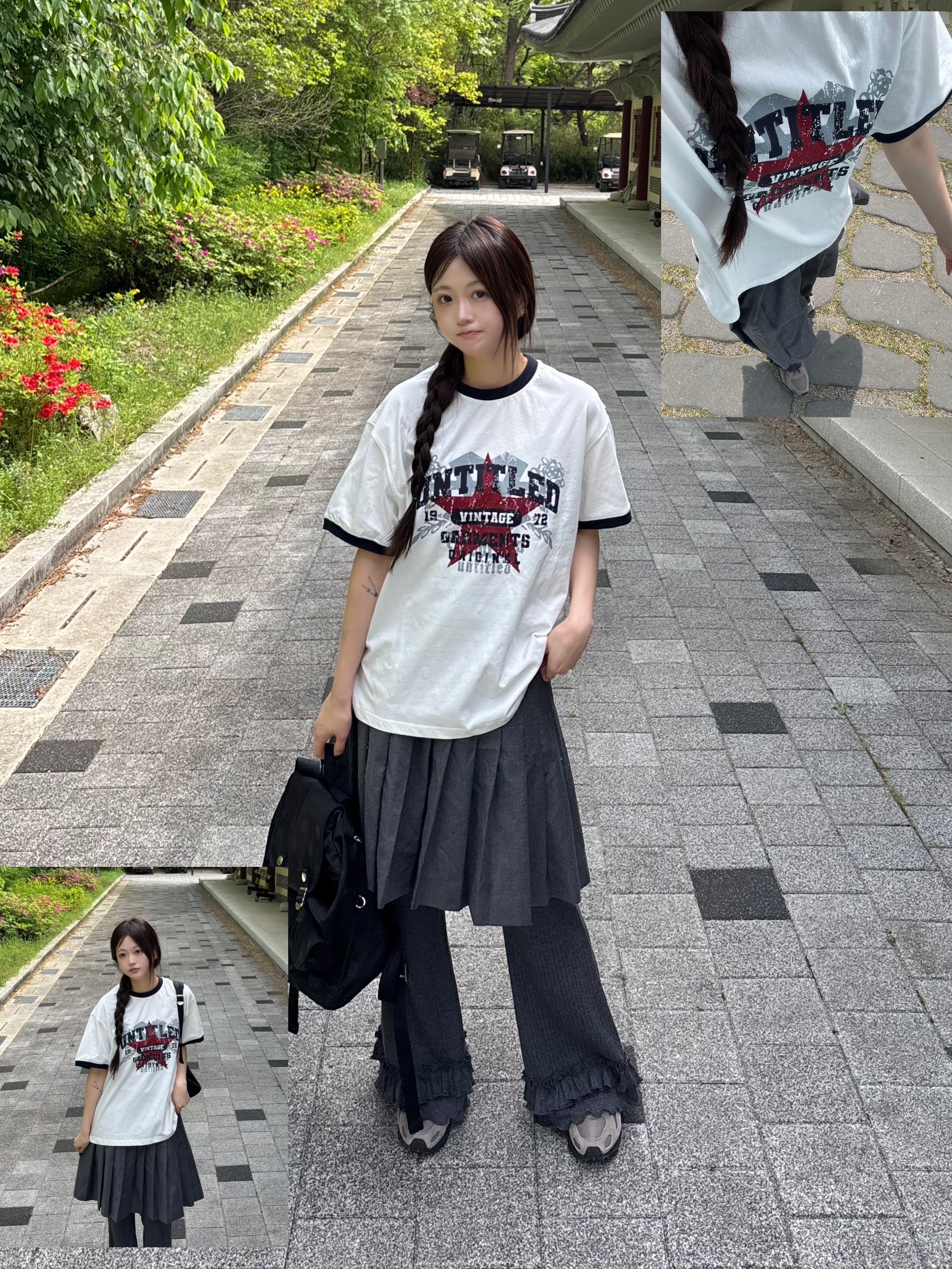 Flavorism VTG Graphic Linger T-shirt White Navy 착용 스타일 - 1