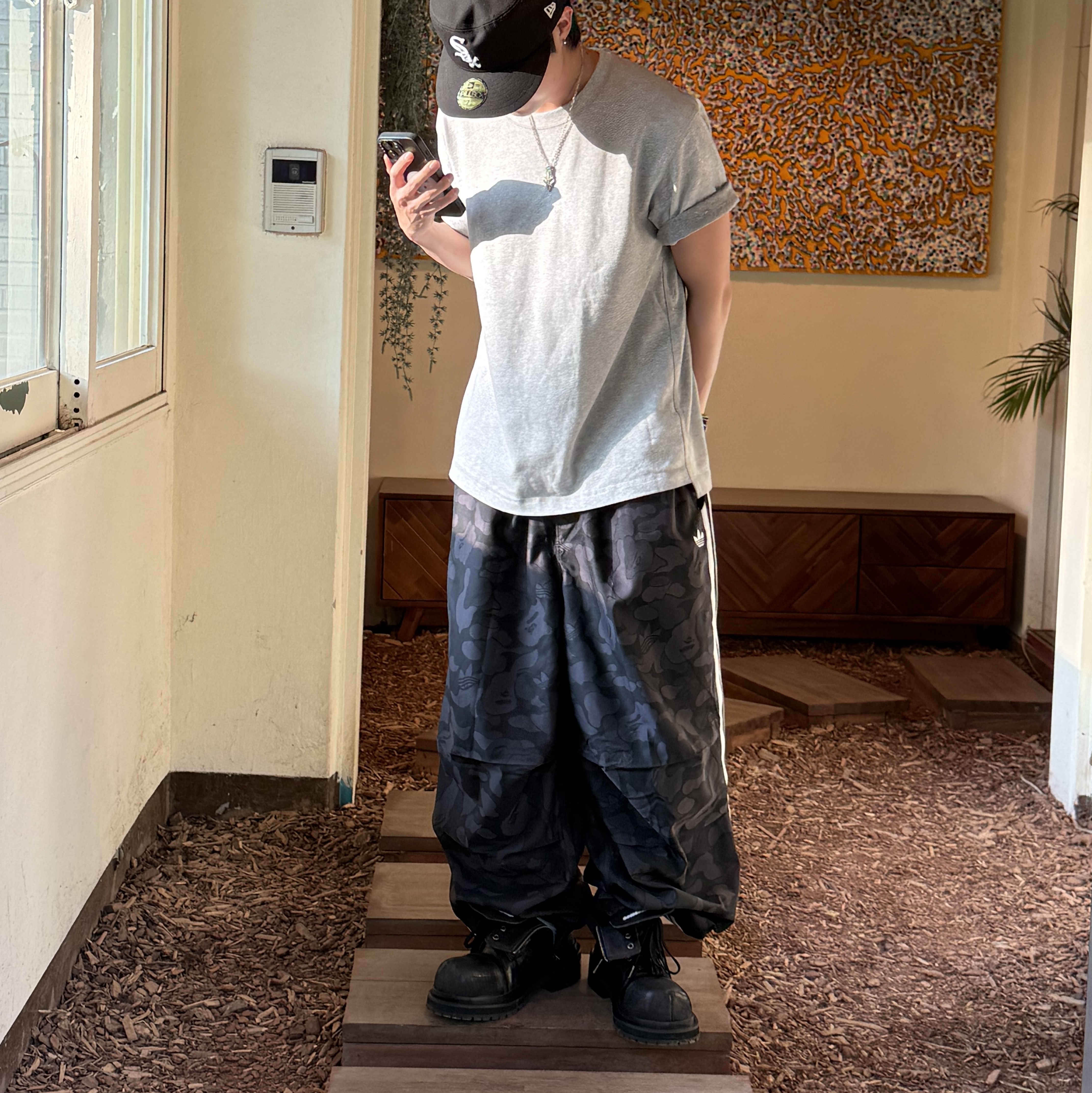 Adidas x BAPE Jacquard Pants Black - US Sizing, Uniqlo x JW Anderson Bi-Color T-Shirt Grey 착용 스타일
