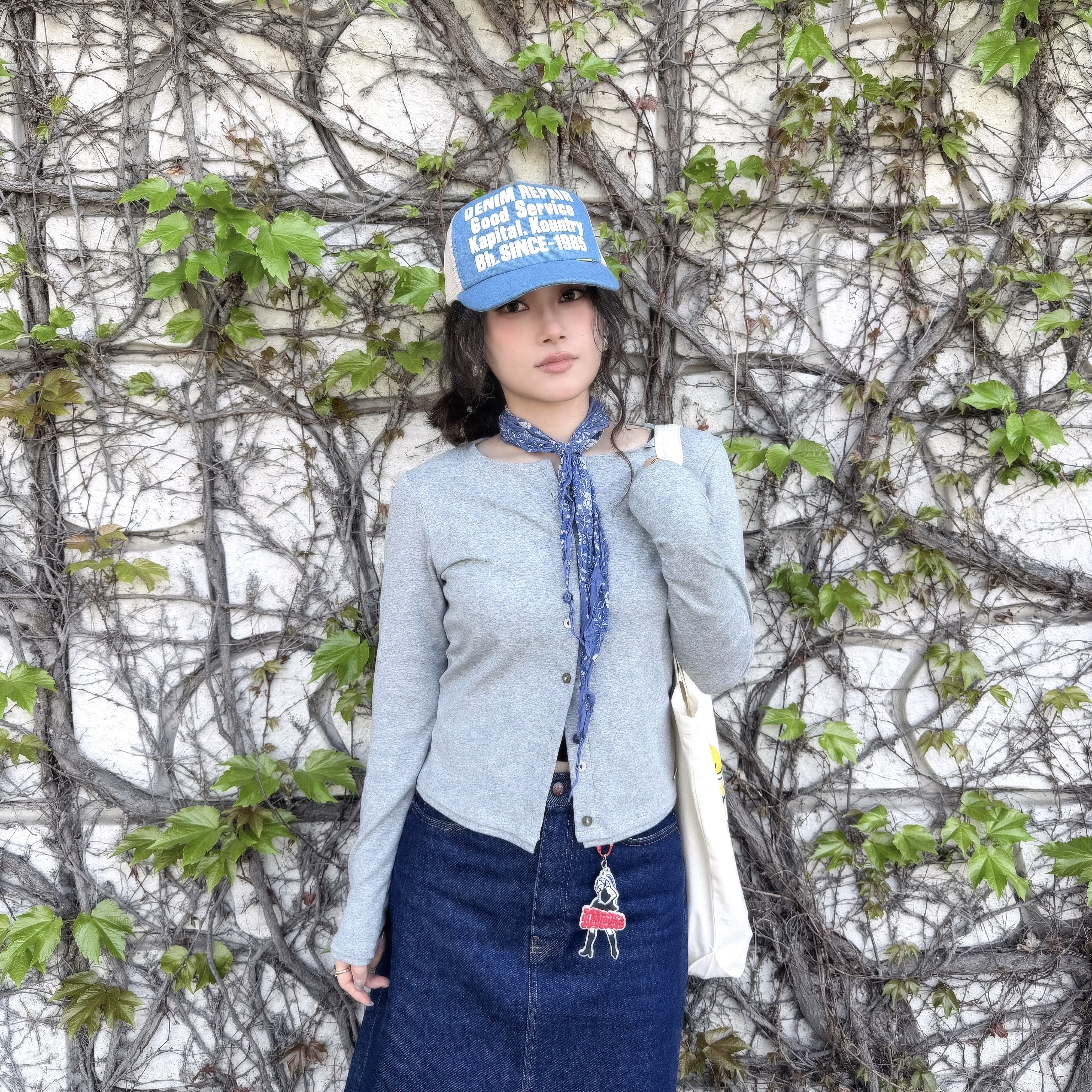 Kapital Denim Repair Service Pt Denim Track Cap Natural, Kapital Twill Novel Tote Bag Kinari 착용 스타일
