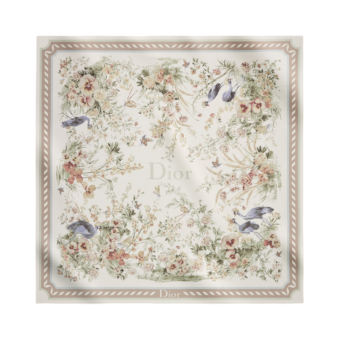 64TC090D6150-C182 (W) Dior Dioriviera Toile De Jouy Flower Garden Square 90 Scarf Multi Color Silk Twill Ivory